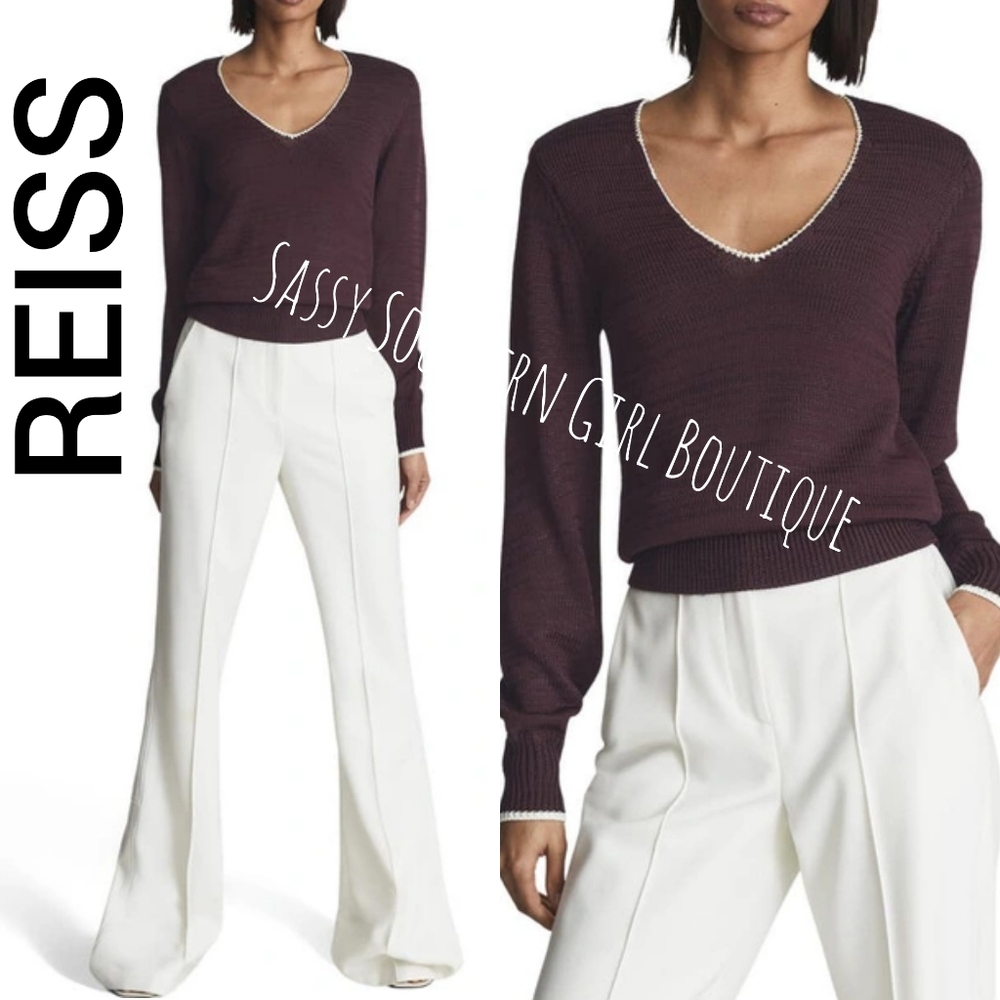 🆕⭐ REISS burgundy contrast v-neck sweater